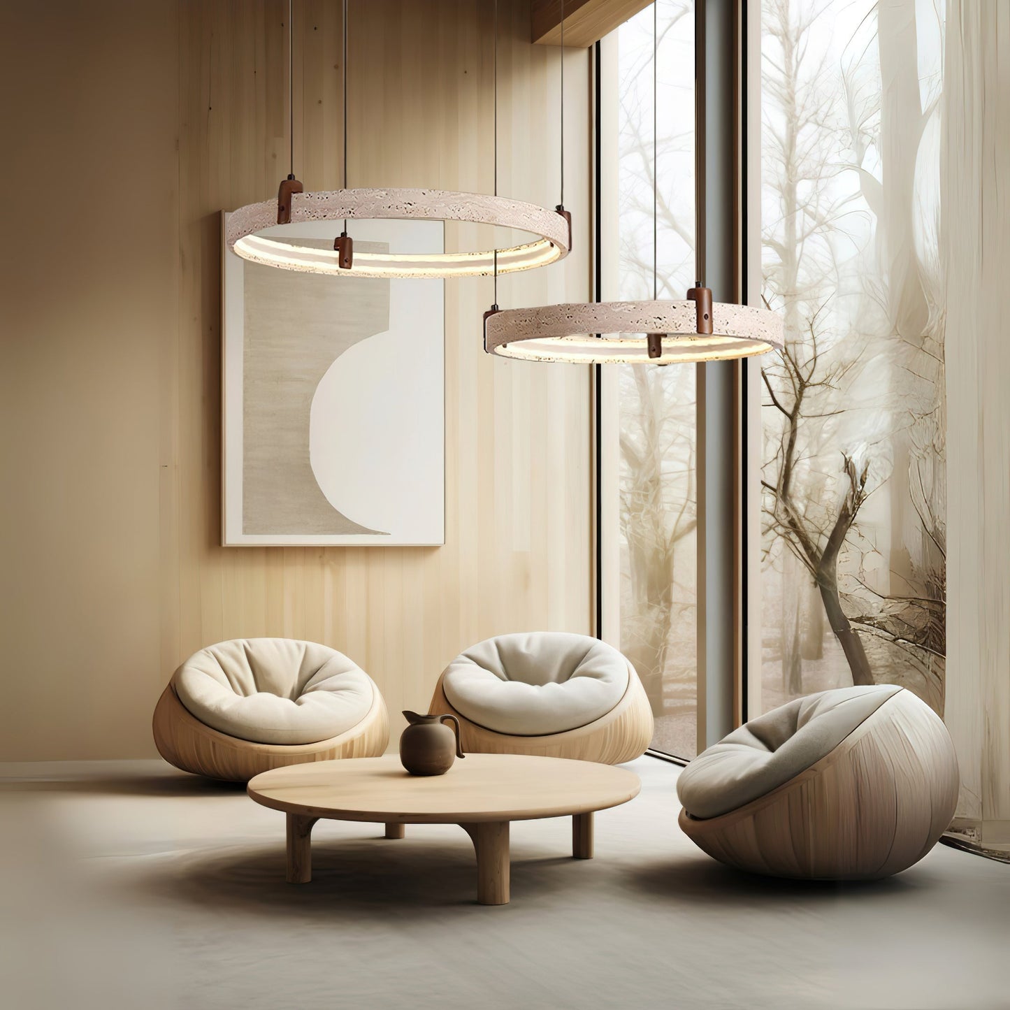 Travertijn Ring Kroonluchter – Natuursteen Hanglamp met Walnoot Hout en Geïntegreerde LED | Scandinavisch Design voor Woon- en Eetkamer