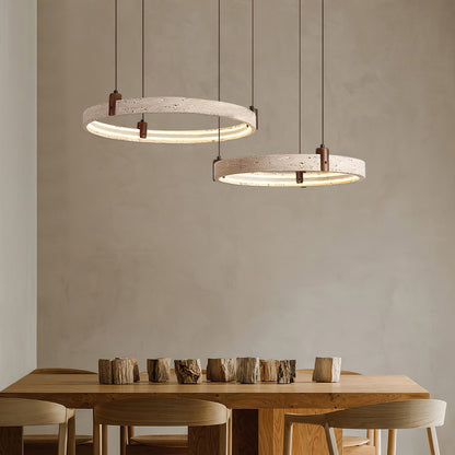 Travertijn Ring Kroonluchter – Natuursteen Hanglamp met Walnoot Hout en Geïntegreerde LED | Scandinavisch Design voor Woon- en Eetkamer