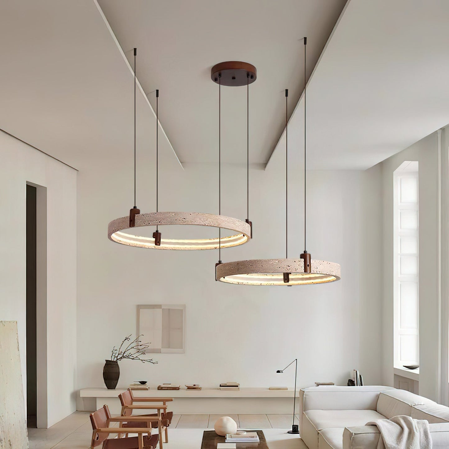 Travertijn Ring Kroonluchter – Natuursteen Hanglamp met Walnoot Hout en Geïntegreerde LED | Scandinavisch Design voor Woon- en Eetkamer