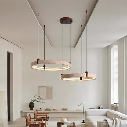 Travertijn Ring Kroonluchter – Natuursteen Hanglamp met Walnoot Hout en Geïntegreerde LED | Scandinavisch Design voor Woon- en Eetkamer