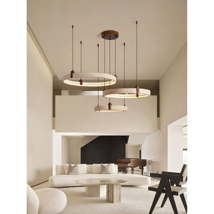 Travertijn Ring Kroonluchter – Natuursteen Hanglamp met Walnoot Hout en Geïntegreerde LED | Scandinavisch Design voor Woon- en Eetkamer