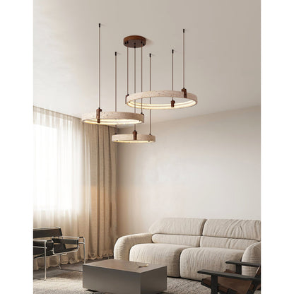 Travertijn Ring Kroonluchter – Natuursteen Hanglamp met Walnoot Hout en Geïntegreerde LED | Scandinavisch Design voor Woon- en Eetkamer
