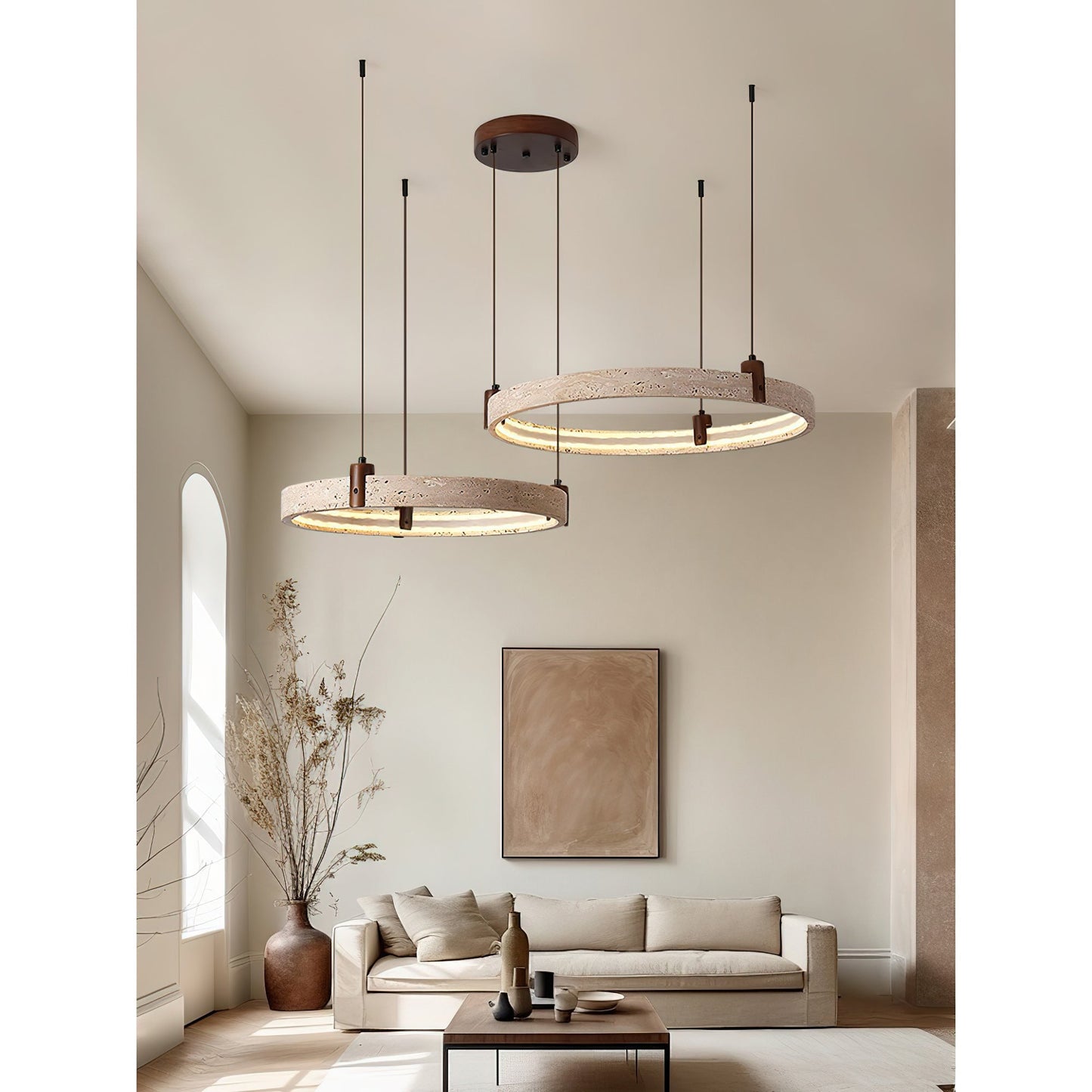 Travertijn Ring Kroonluchter – Natuursteen Hanglamp met Walnoot Hout en Geïntegreerde LED | Scandinavisch Design voor Woon- en Eetkamer