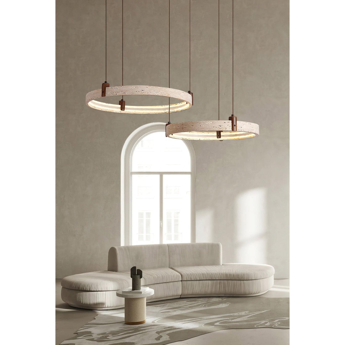 Travertijn Ring Kroonluchter – Natuursteen Hanglamp met Walnoot Hout en Geïntegreerde LED | Scandinavisch Design voor Woon- en Eetkamer