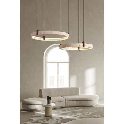 Travertijn Ring Kroonluchter – Natuursteen Hanglamp met Walnoot Hout en Geïntegreerde LED | Scandinavisch Design voor Woon- en Eetkamer