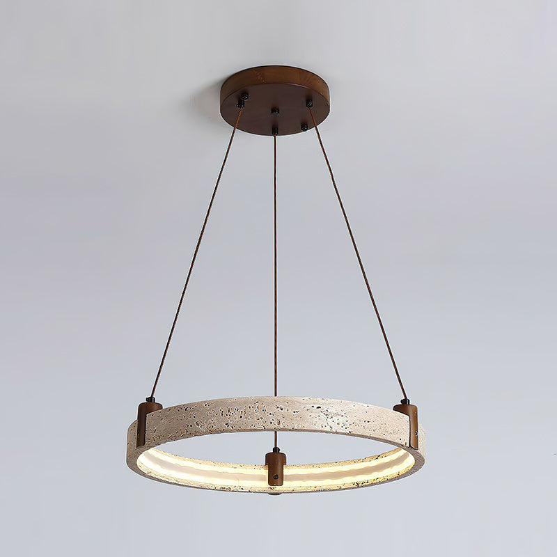 Travertijn Ring Kroonluchter – Natuursteen Hanglamp met Walnoot Hout en Geïntegreerde LED | Scandinavisch Design voor Woon- en Eetkamer