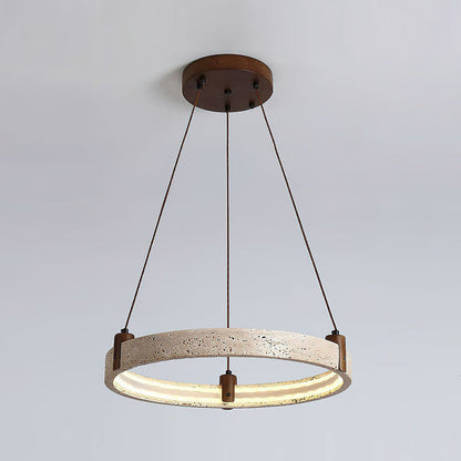 Travertijn Ring Kroonluchter – Natuursteen Hanglamp met Walnoot Hout en Geïntegreerde LED | Scandinavisch Design voor Woon- en Eetkamer