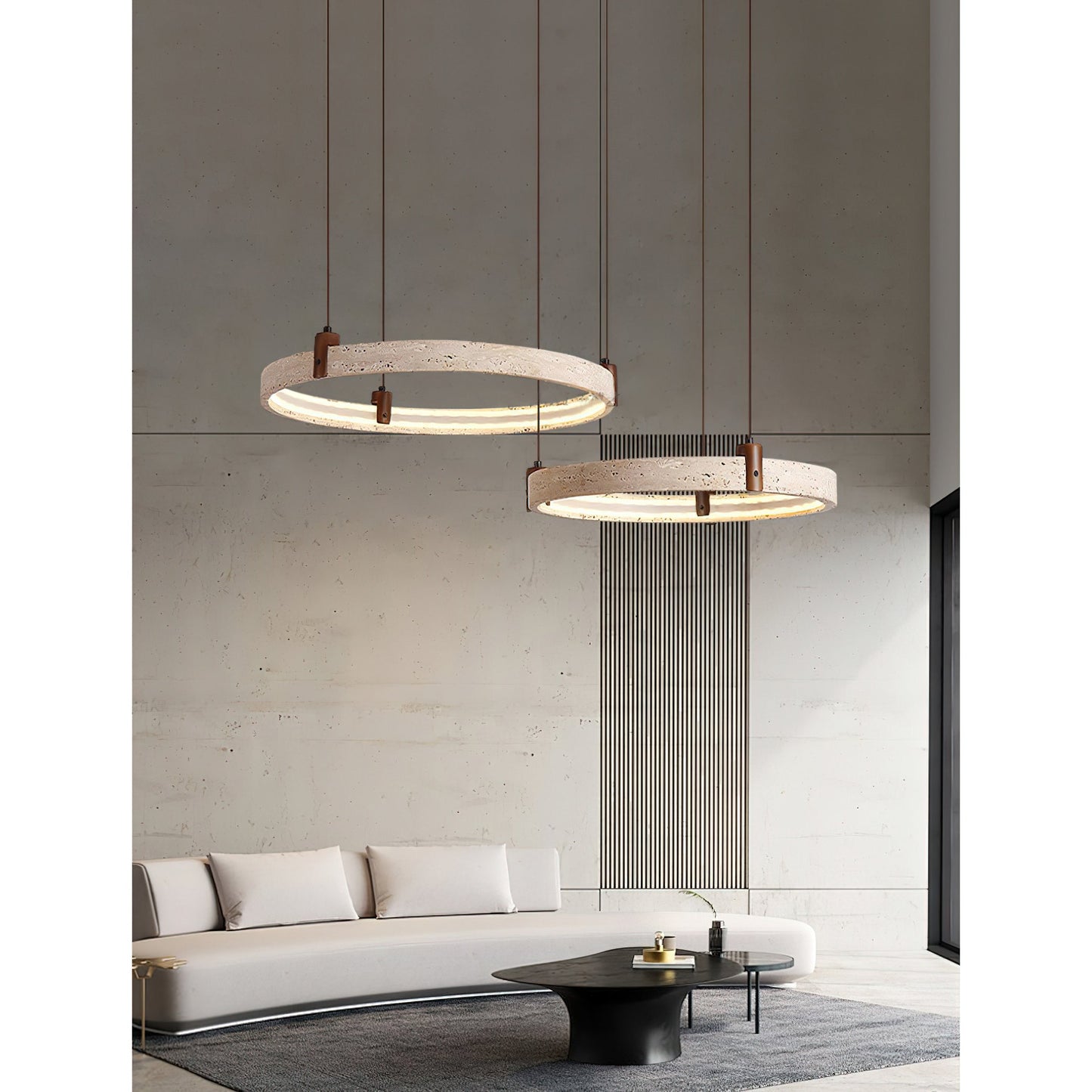 Travertijn Ring Kroonluchter – Natuursteen Hanglamp met Walnoot Hout en Geïntegreerde LED | Scandinavisch Design voor Woon- en Eetkamer