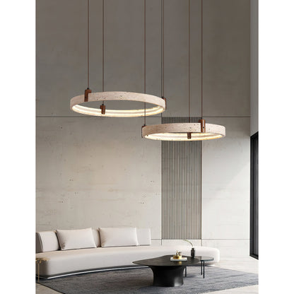 Travertijn Ring Kroonluchter – Natuursteen Hanglamp met Walnoot Hout en Geïntegreerde LED | Scandinavisch Design voor Woon- en Eetkamer