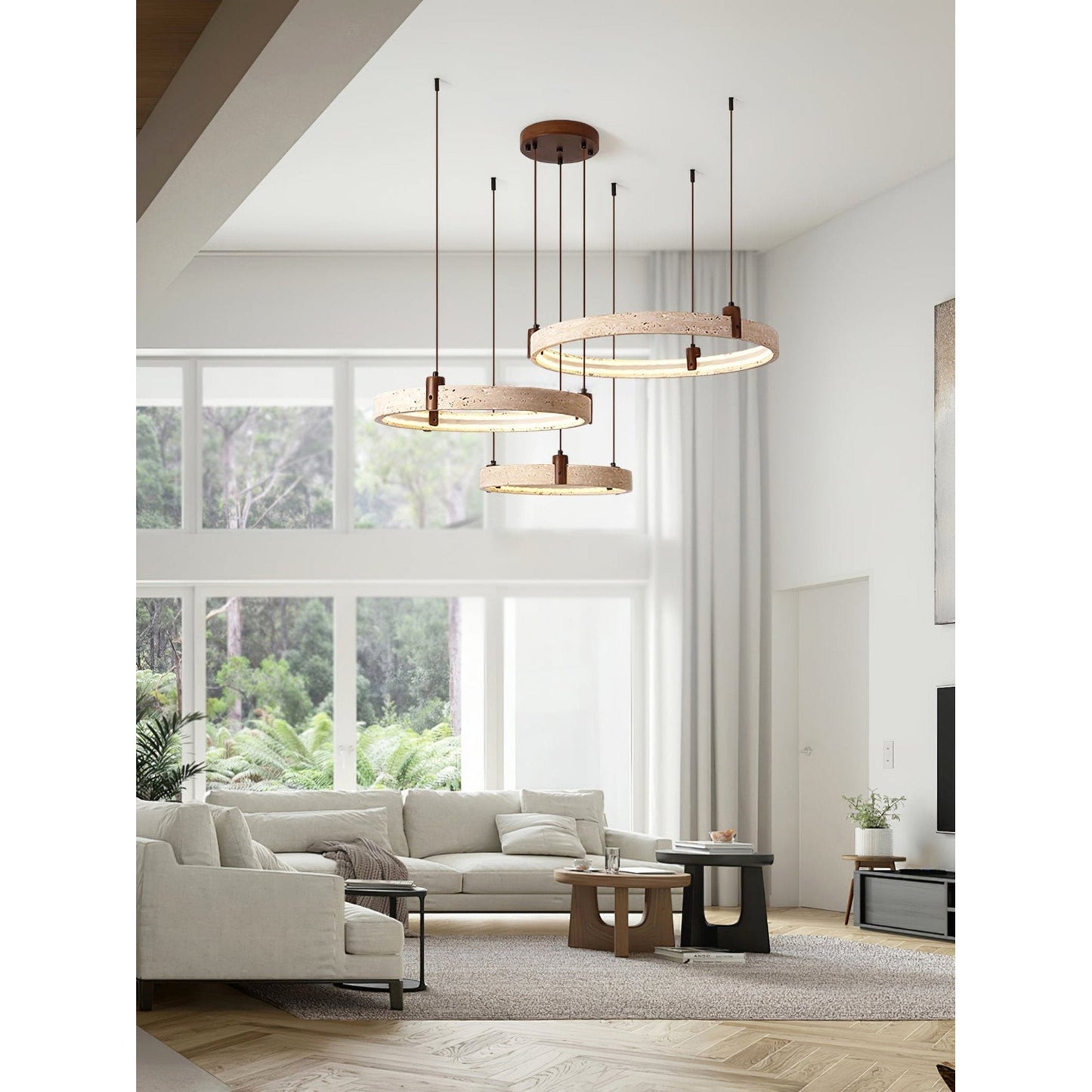Travertijn Ring Kroonluchter – Natuursteen Hanglamp met Walnoot Hout en Geïntegreerde LED | Scandinavisch Design voor Woon- en Eetkamer