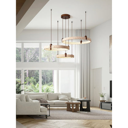 Travertijn Ring Kroonluchter – Natuursteen Hanglamp met Walnoot Hout en Geïntegreerde LED | Scandinavisch Design voor Woon- en Eetkamer