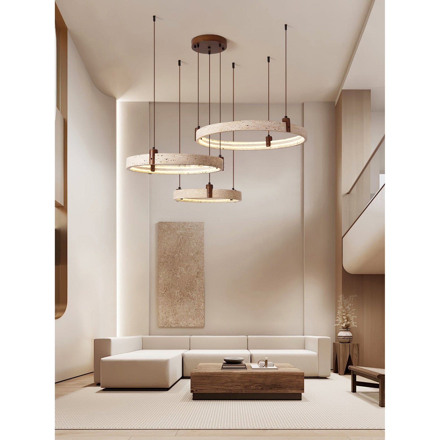 Travertijn Ring Kroonluchter – Natuursteen Hanglamp met Walnoot Hout en Geïntegreerde LED | Scandinavisch Design voor Woon- en Eetkamer