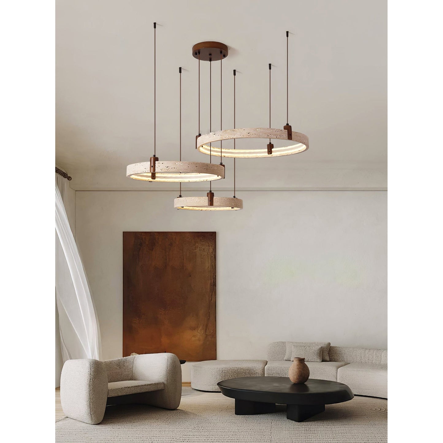Travertijn Ring Kroonluchter – Natuursteen Hanglamp met Walnoot Hout en Geïntegreerde LED | Scandinavisch Design voor Woon- en Eetkamer