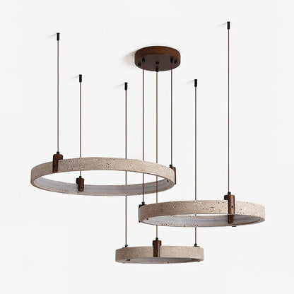 Travertijn Ring Kroonluchter – Natuursteen Hanglamp met Walnoot Hout en Geïntegreerde LED | Scandinavisch Design voor Woon- en Eetkamer