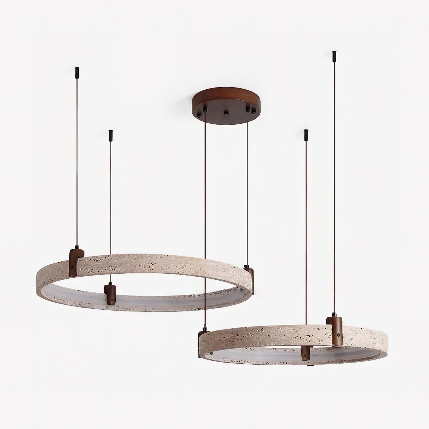 Travertijn Ring Kroonluchter – Natuursteen Hanglamp met Walnoot Hout en Geïntegreerde LED | Scandinavisch Design voor Woon- en Eetkamer