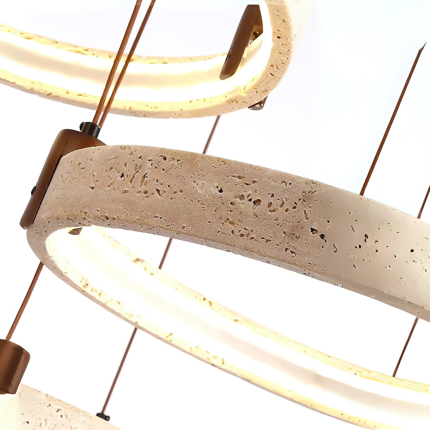 Travertijn Ring Kroonluchter – Natuursteen Hanglamp met Walnoot Hout en Geïntegreerde LED | Scandinavisch Design voor Woon- en Eetkamer