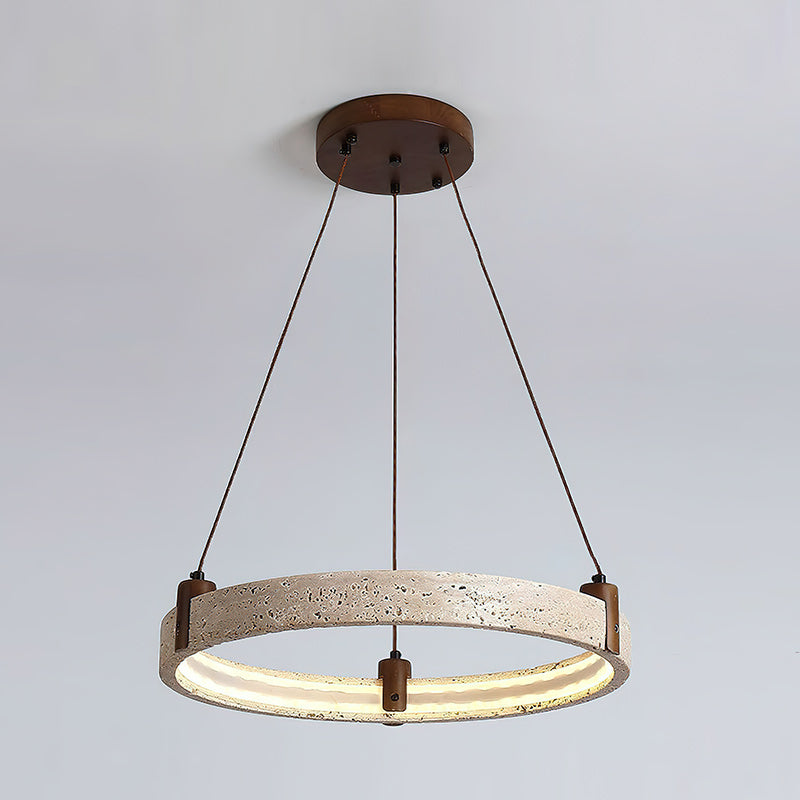 Travertijn Ring Kroonluchter – Natuursteen Hanglamp met Walnoot Hout en Geïntegreerde LED | Scandinavisch Design voor Woon- en Eetkamer