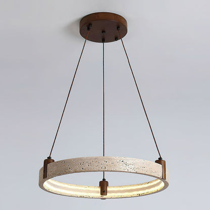 Travertijn Ring Kroonluchter – Natuursteen Hanglamp met Walnoot Hout en Geïntegreerde LED | Scandinavisch Design voor Woon- en Eetkamer