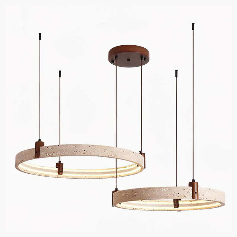Travertijn Ring Kroonluchter – Natuursteen Hanglamp met Walnoot Hout en Geïntegreerde LED | Scandinavisch Design voor Woon- en Eetkamer