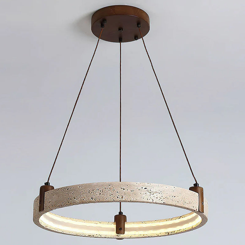 Travertijn Ring Kroonluchter – Natuursteen Hanglamp met Walnoot Hout en Geïntegreerde LED | Scandinavisch Design voor Woon- en Eetkamer