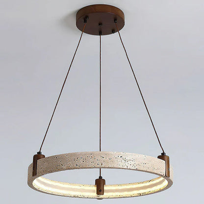 Travertijn Ring Kroonluchter – Natuursteen Hanglamp met Walnoot Hout en Geïntegreerde LED | Scandinavisch Design voor Woon- en Eetkamer