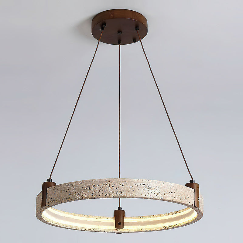 Travertijn Ring Kroonluchter – Natuursteen Hanglamp met Walnoot Hout en Geïntegreerde LED | Scandinavisch Design voor Woon- en Eetkamer