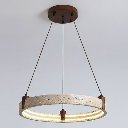 Travertijn Ring Kroonluchter – Natuursteen Hanglamp met Walnoot Hout en Geïntegreerde LED | Scandinavisch Design voor Woon- en Eetkamer