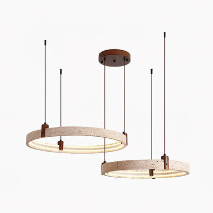 Travertijn Ring Kroonluchter – Natuursteen Hanglamp met Walnoot Hout en Geïntegreerde LED | Scandinavisch Design voor Woon- en Eetkamer