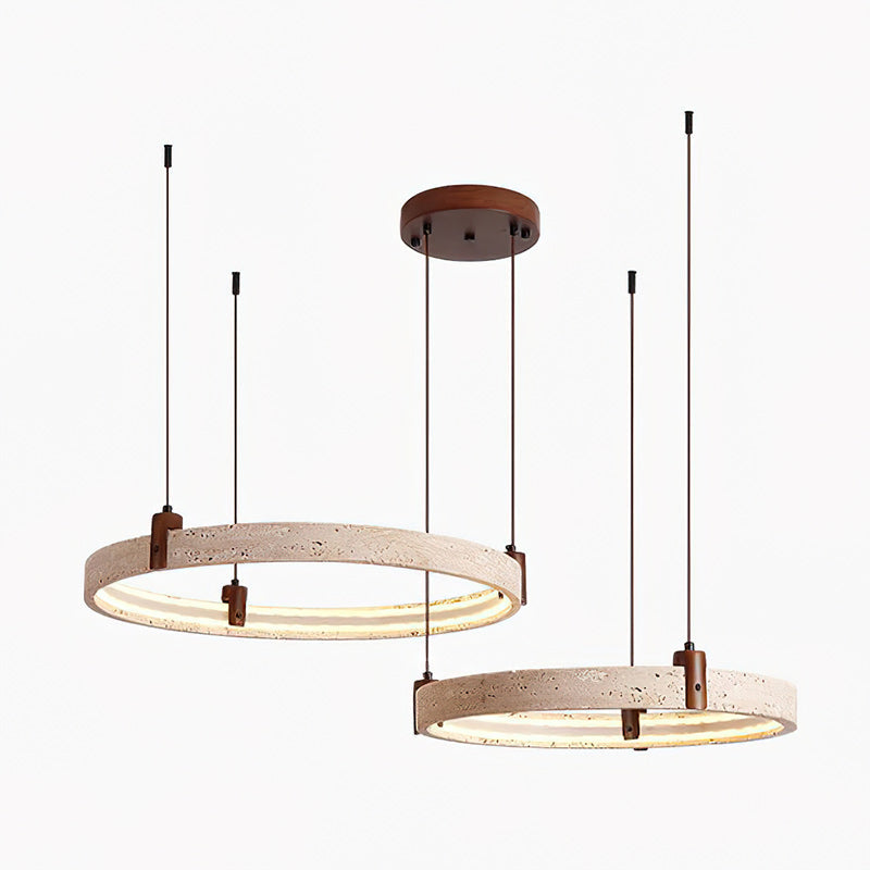 Travertijn Ring Kroonluchter – Natuursteen Hanglamp met Walnoot Hout en Geïntegreerde LED | Scandinavisch Design voor Woon- en Eetkamer