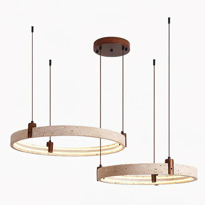 Travertijn Ring Kroonluchter – Natuursteen Hanglamp met Walnoot Hout en Geïntegreerde LED | Scandinavisch Design voor Woon- en Eetkamer