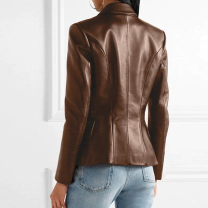 Leren Blazer Dames Bruin Gouden Knopen Casual Stijl