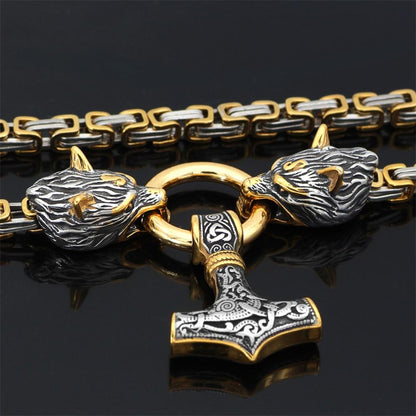 Roestvrij Stalen Schakelketting met Dubbele Wolfskop & Hamer Ornament 60-90cm Verstelbaar Unisex Sieraad