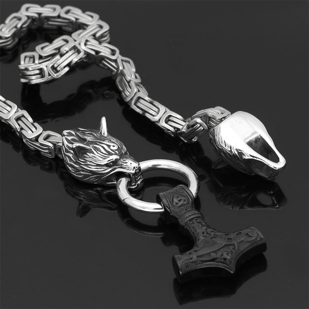 Roestvrij Stalen Schakelketting met Dubbele Wolfskop & Hamer Ornament 60-90cm Verstelbaar Unisex Sieraad