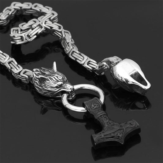 Roestvrij Stalen Schakelketting met Dubbele Wolfskop & Hamer Ornament 60-90cm Verstelbaar Unisex Sieraad