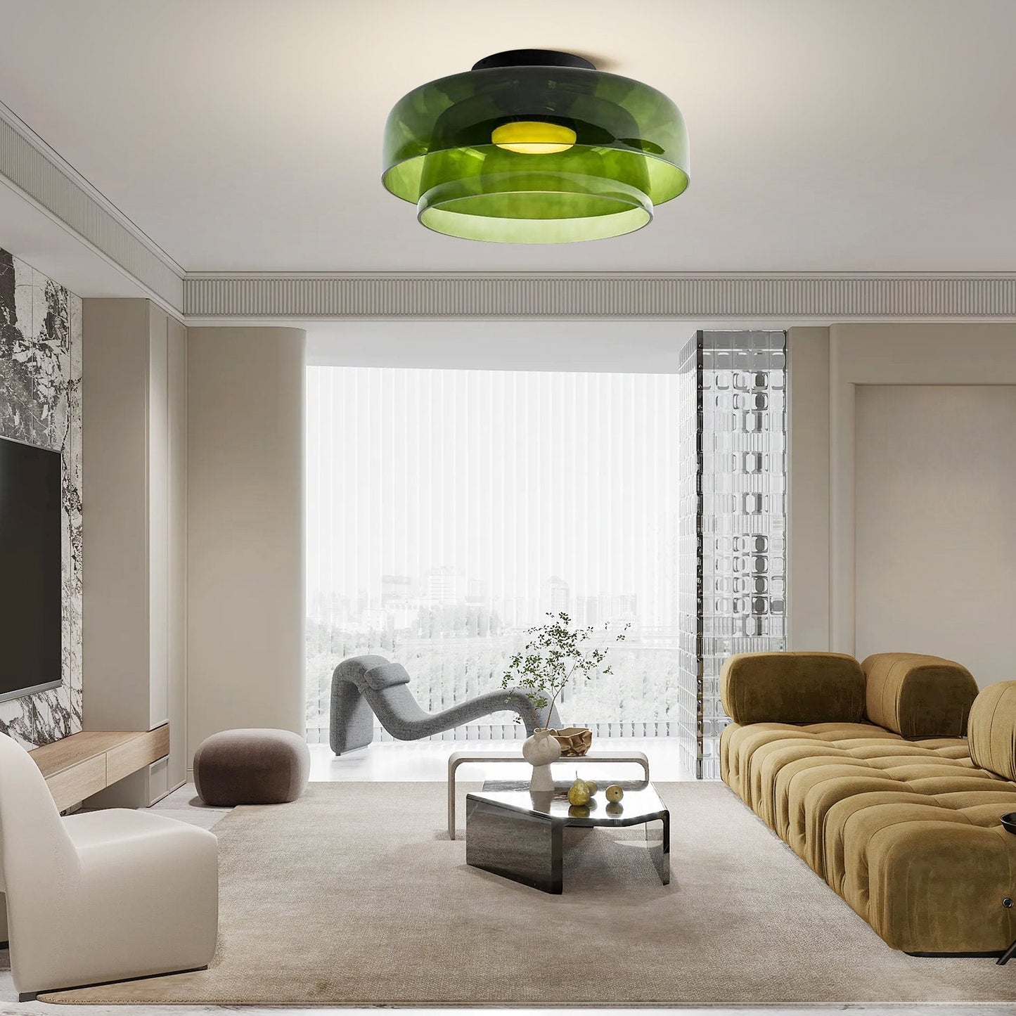 Design Glazen Plafondlamp met Gelaagde Structuur — Elegant Lichtspel voor Eetkamer, Woonkamer en Slaapkamer
