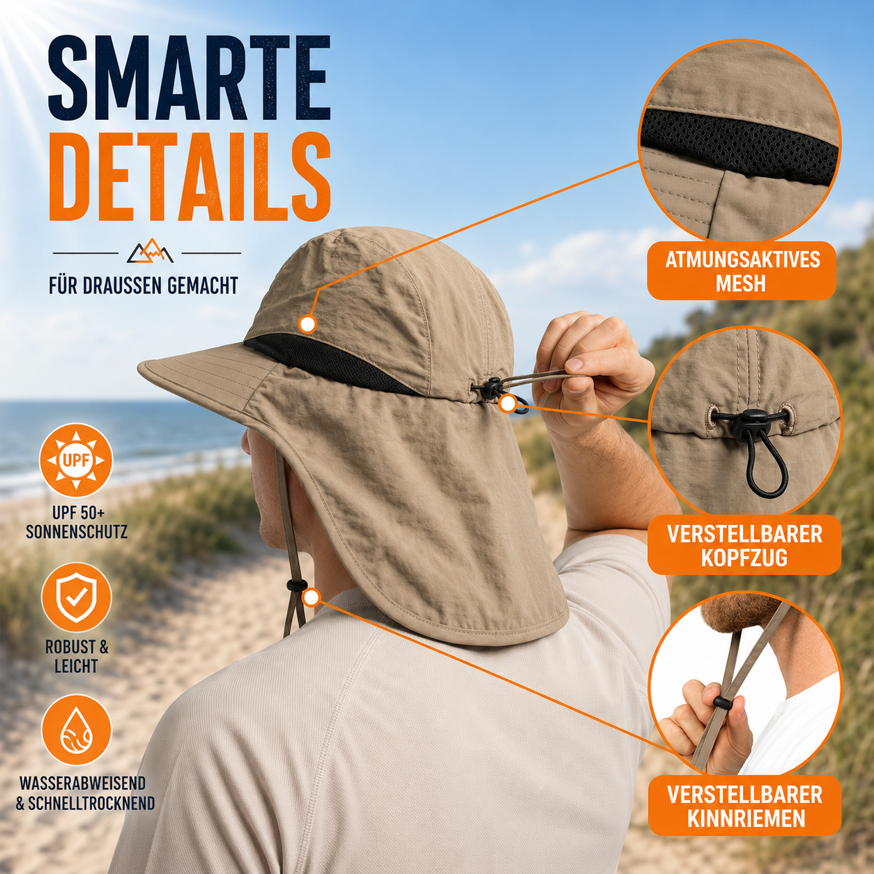 Hoed met Brede Rand en Nekbescherming – UV-Bestendig voor Wandelen en Outdoor