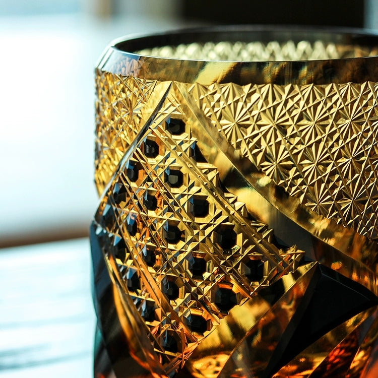 Whiskeyglas Edo Kiriko Dark Knight Handgemaakt Donker Amber Japans Kristal Houten Doos