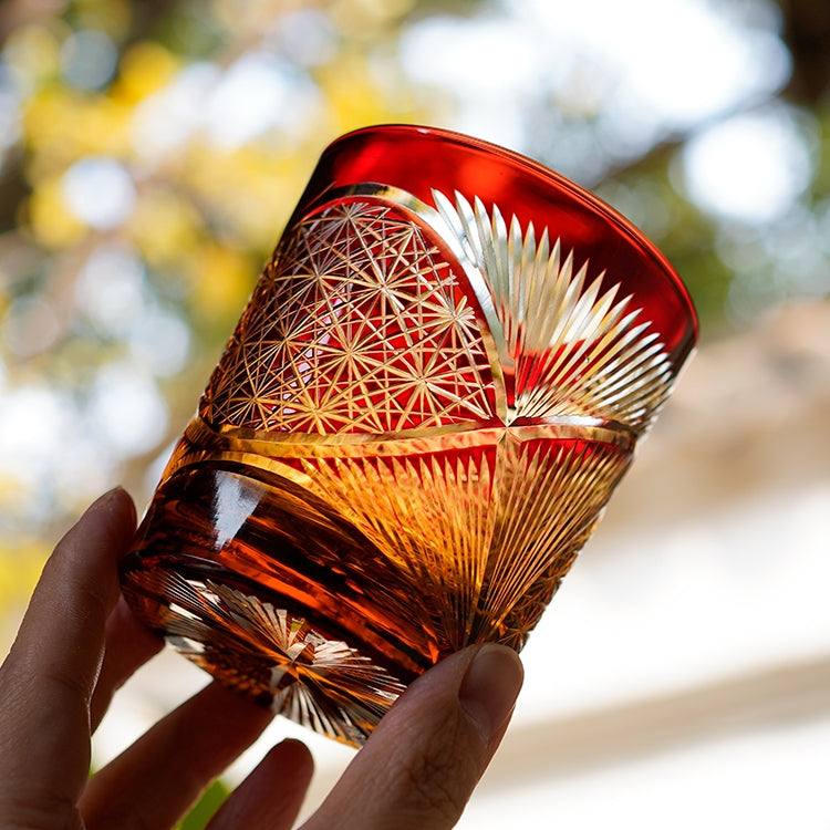 Whiskeyglas Edo Kiriko Kraanvogelveer Amber Handgemaakt Japans Kristal Houten Doos