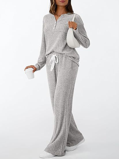 Dames Gebreide Henley en Broek Set Comfortabel