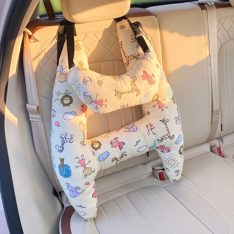 Autokussen Kind Hoofdsteun Katoenmix 67x50cm Beige Reiskussen Auto Neksteun Kinderstoel Lange Rit Comfort Slaapondersteuning