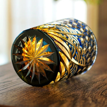 Whiskeyglas Edo Kiriko Blauw Amber Handgemaakt Sterchysant Sterrenzee Japans Kristal