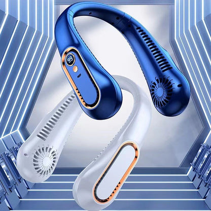 Draagbare Nekventilator met Digitaal Display Groen Wit Blauw Handsfree USB Oplaadbaar Mobiele Koeling