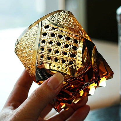 Whiskeyglas Edo Kiriko Dark Knight Handgemaakt Donker Amber Japans Kristal Houten Doos