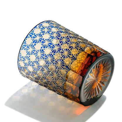 Handgeslepen Whiskeyglazen met Ster en Chrysant Patroon – Blauw Amber & Rood Amber – Inclusief Houten Doos