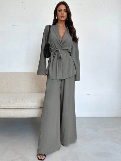 Dames Blazer en Broek Set Met Ceintuur Elegant