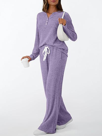 Dames Gebreide Henley en Broek Set Comfortabel