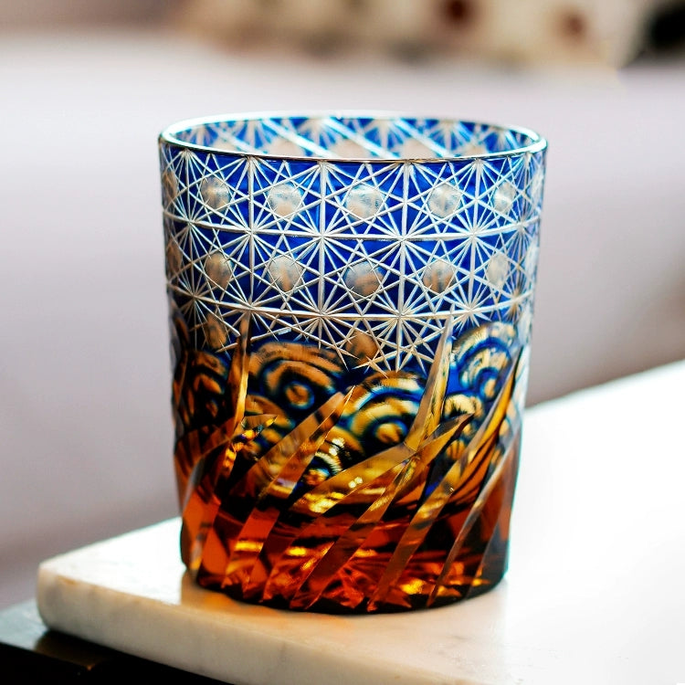 Whiskeyglas Edo Kiriko Blauw Amber Handgemaakt Sterchysant Sterrenzee Japans Kristal