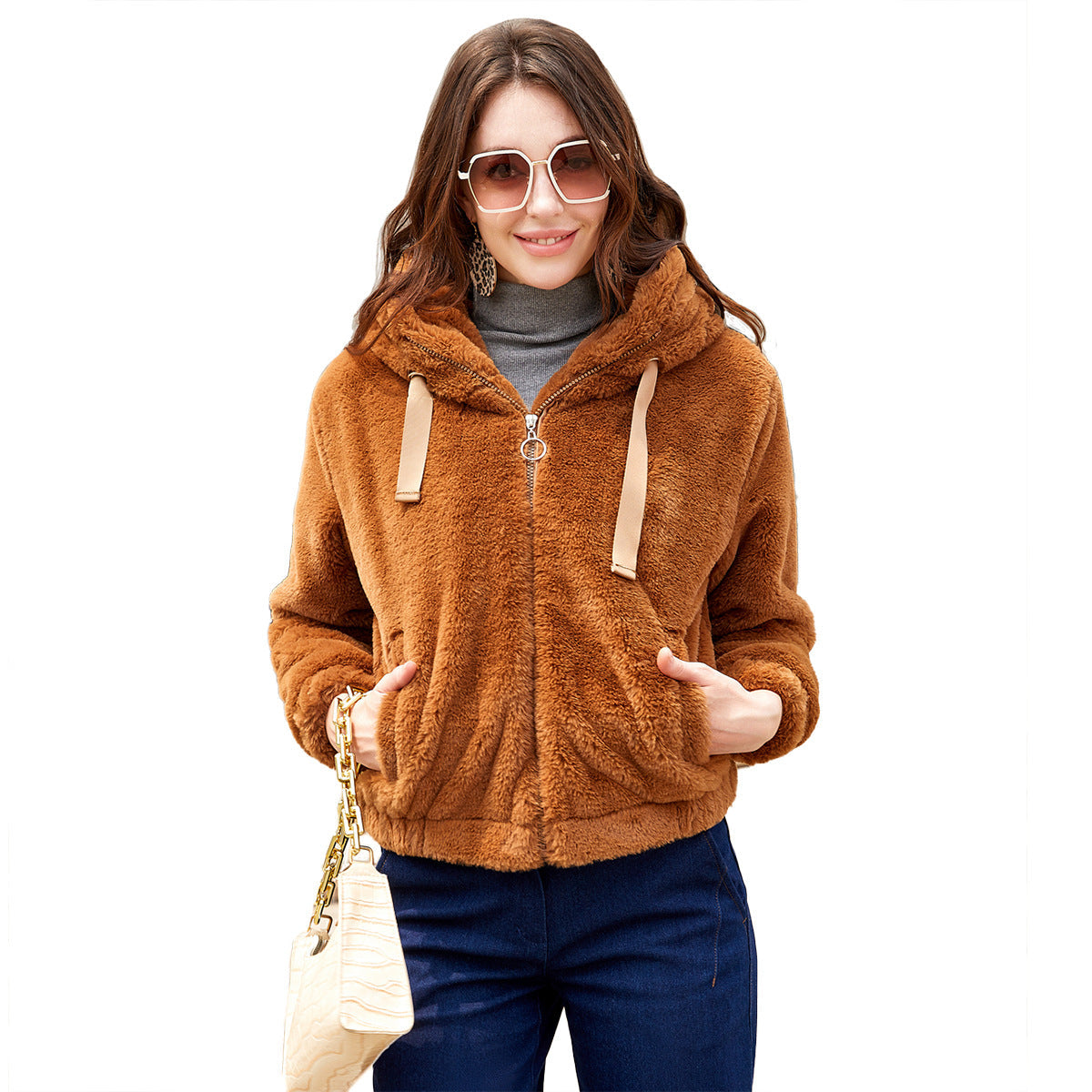 Dames Fleecejas met Capuchon Zacht Teddy Bontlook