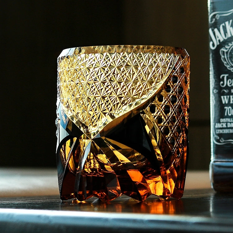 Whiskeyglas Edo Kiriko Dark Knight Handgemaakt Donker Amber Japans Kristal Houten Doos