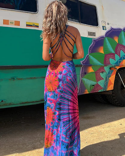 Vrouwelijke Zomerjurk Maxi met Kant en Tie-Dye Print